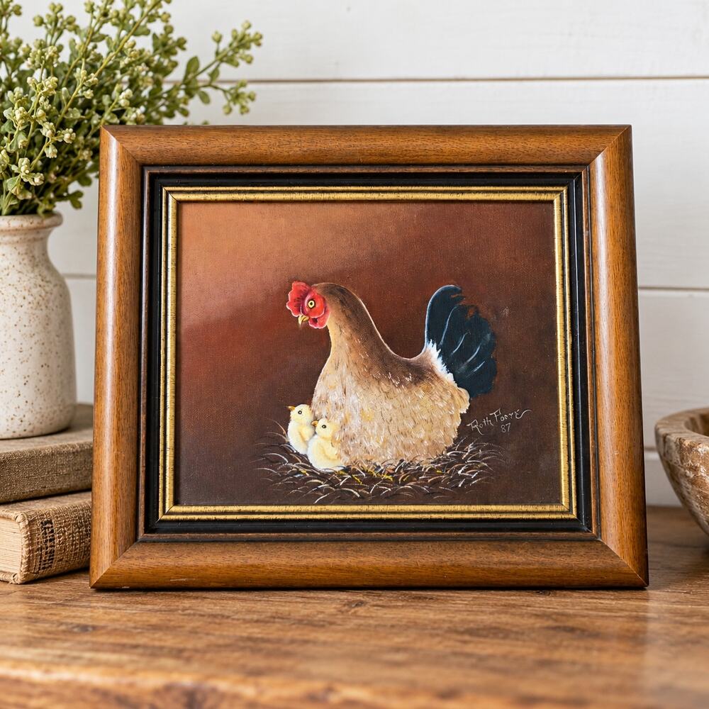Vintage 1987 Signed Ruth Foore Hen Chicks Original Folk Art Painting Framed